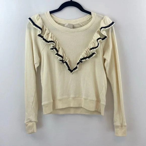 Cream Ruffle Trim Long Sleeve Sweater Top Dress up or down Size S 100% Cotton - Picture 1 of 12